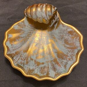 Vintage Stangle Pottery -  Trinket Shell Dish Antique Gold & Aqua #4037 Coastal